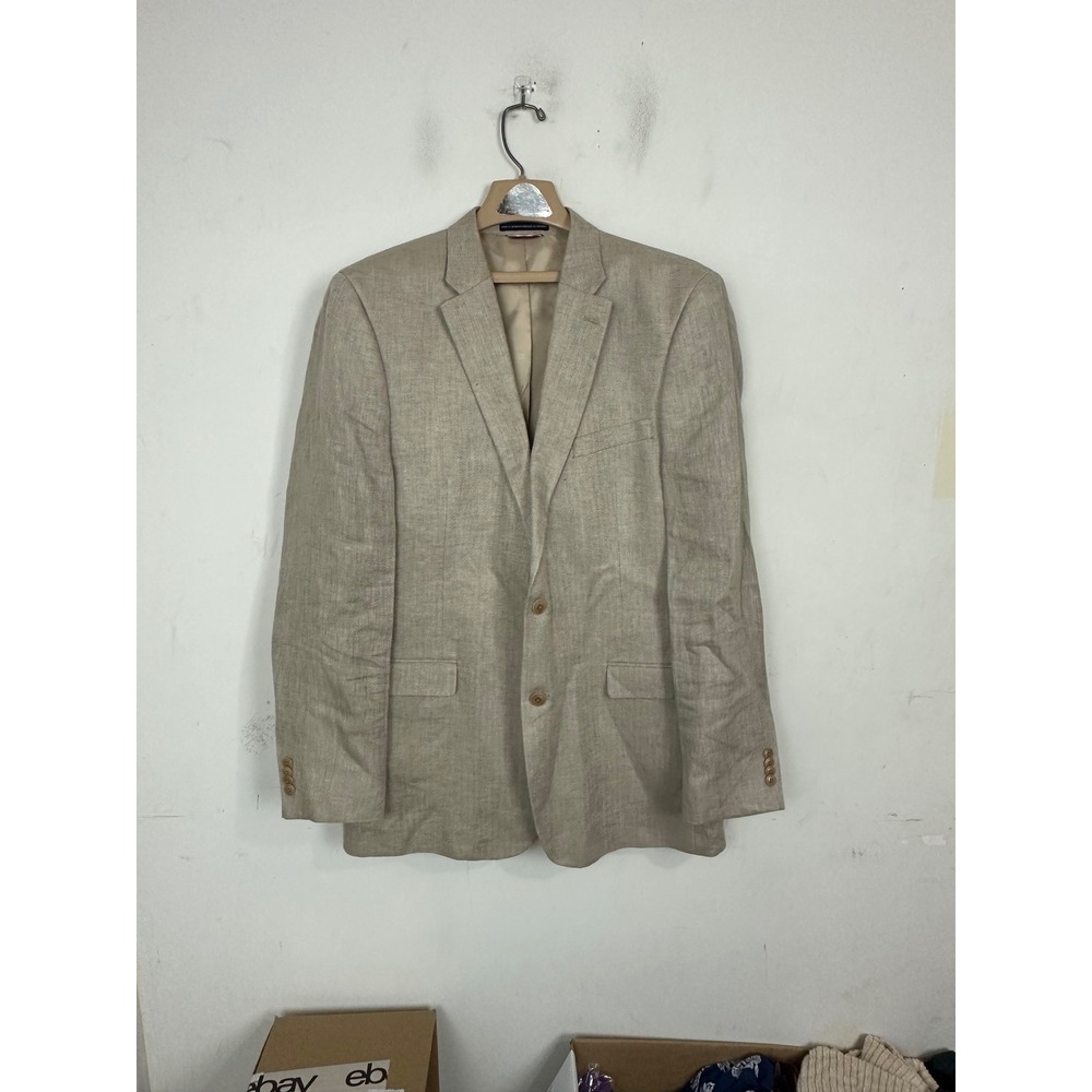 Tommy Hilfiger Mens 44L Linen Blazer Tan Herringbone 2-Button Sport Coat 44 Long